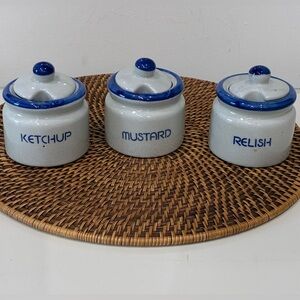 Vintage Stoneware Condiment Jar Set – Relish Mustard ,Ketchup Blue Rim 7 ounces